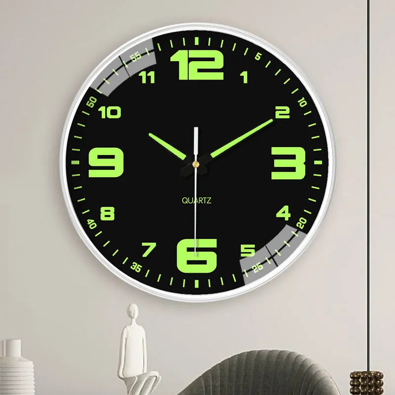 8 inch round luminous wall clock with modern plastic shell on a wall
