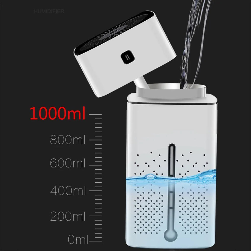 Black and white desktop humidifier measuring 103mm x 103mm x 218mm with 1000ml water capacity