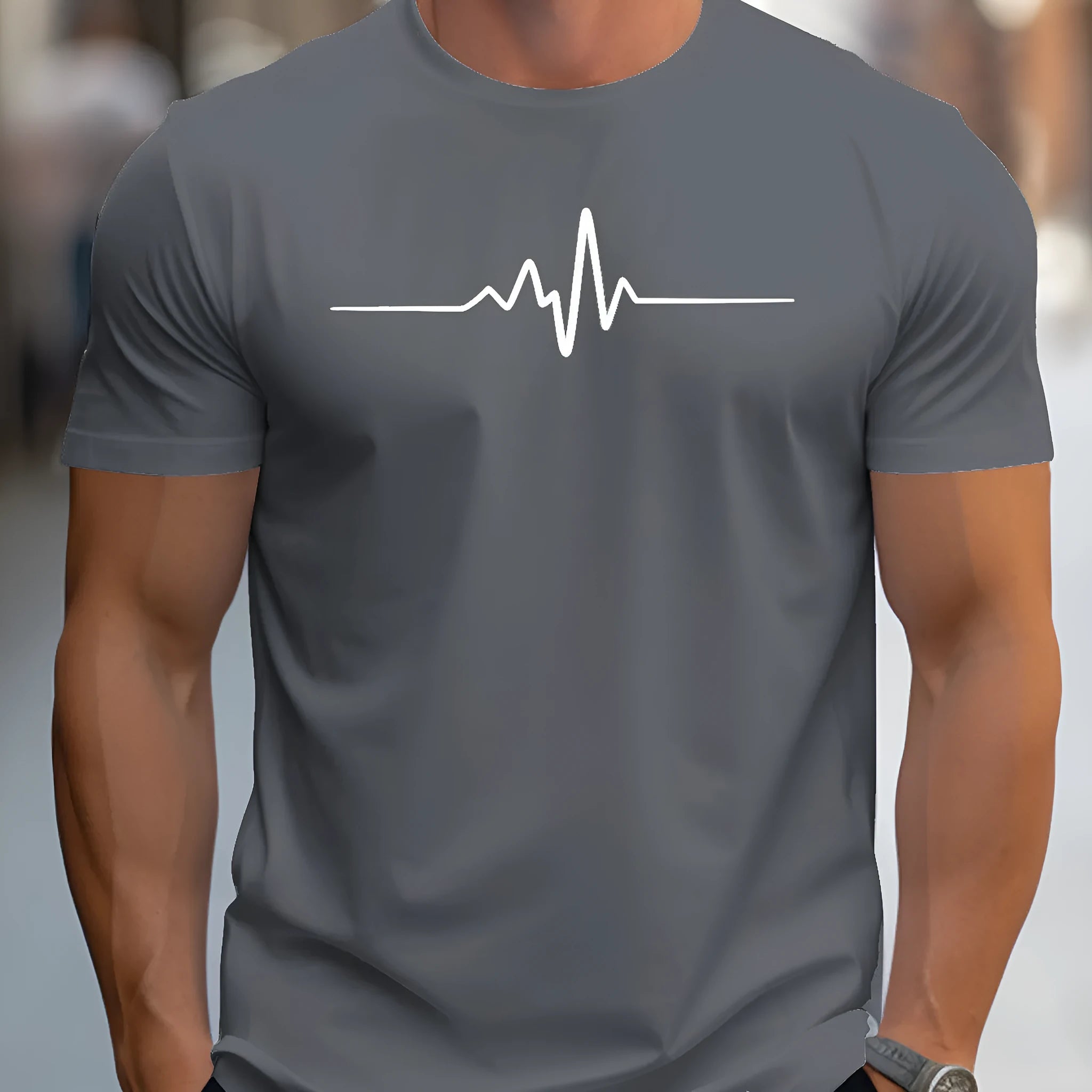 Men's loose-fit short-sleeve t-shirt with a printed letter pattern, shown in a casual style.