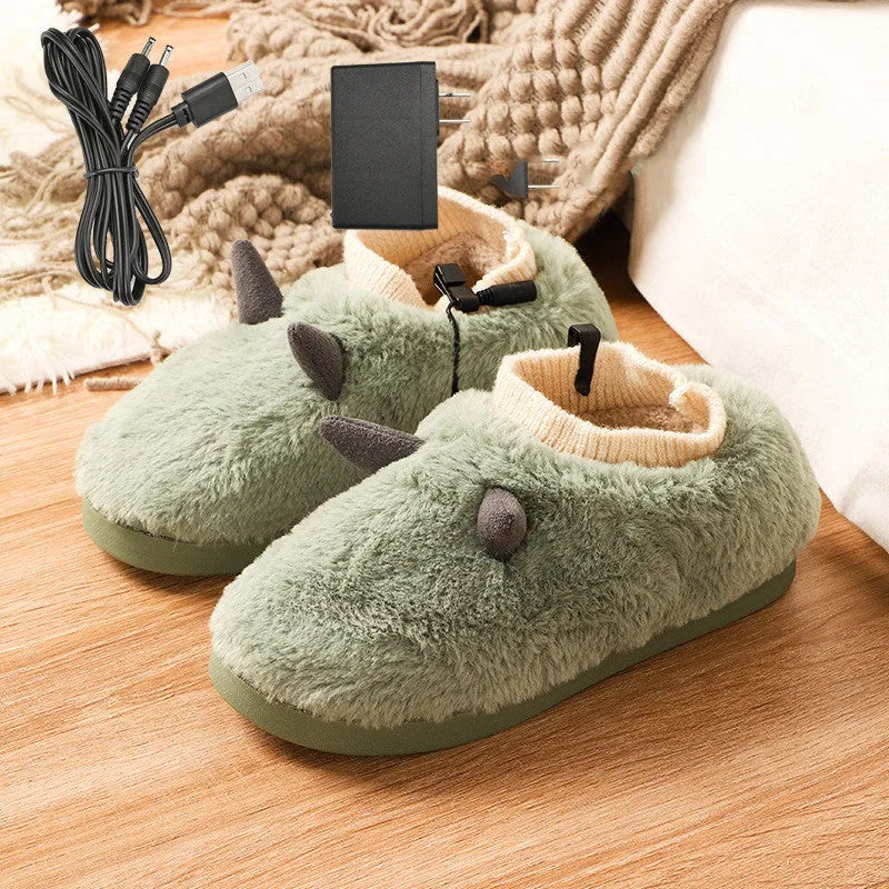 USB electric foot warmer slippers in black, grey, matcha green, and taro colours with soft velvet upper.