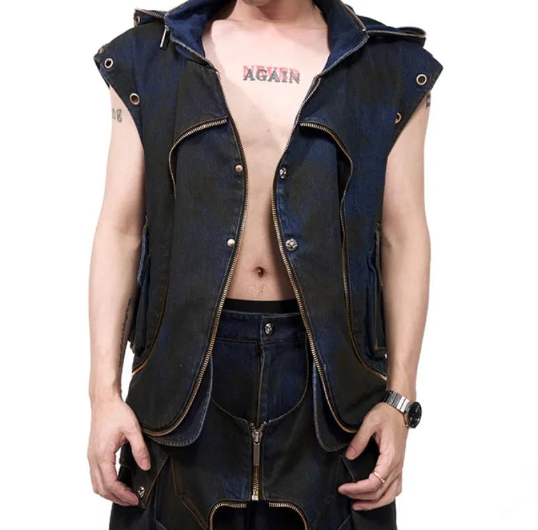 Blue hooded denim vest coat with matching trousers men's casual outfit set Korean style