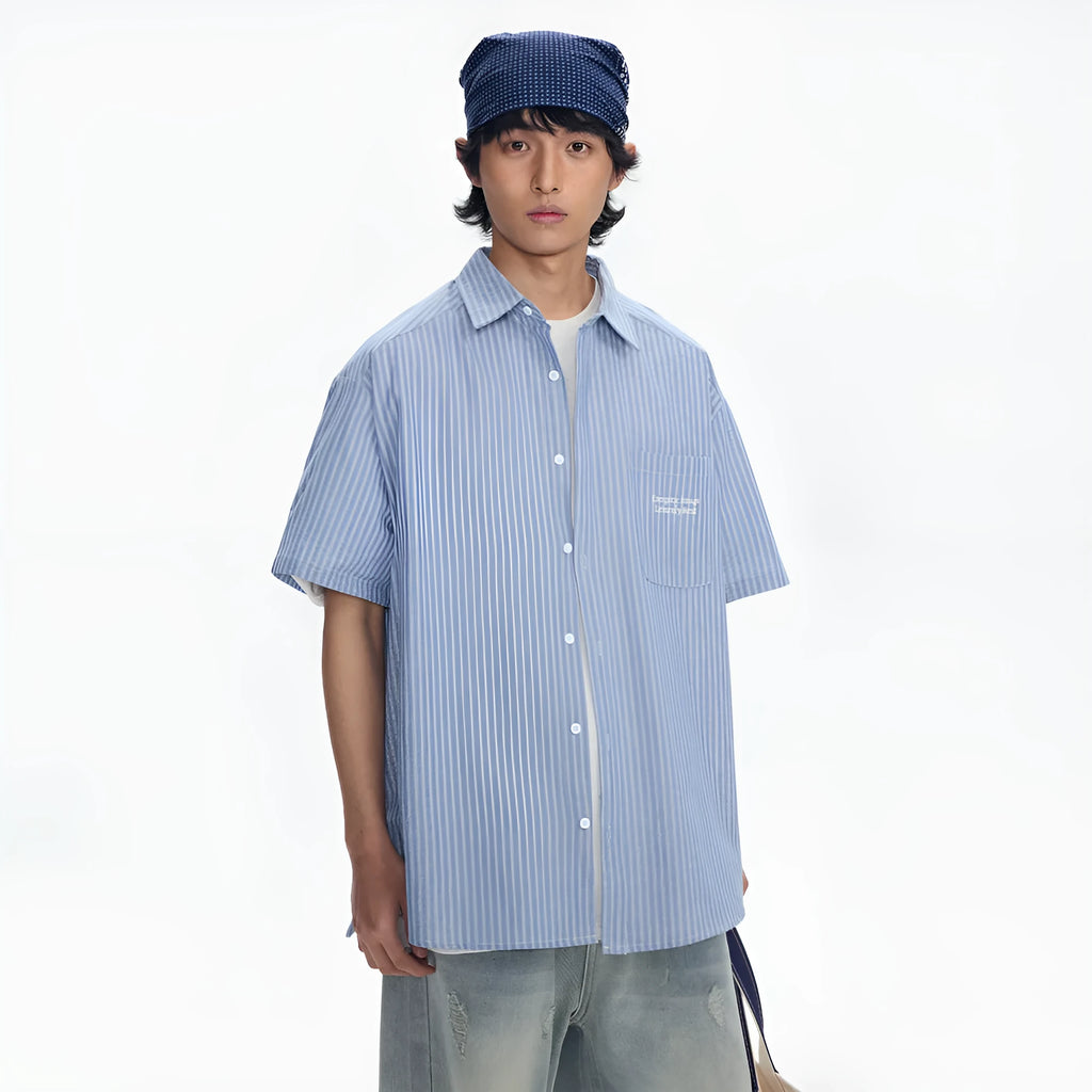 Blue striped overalls shirt with short sleeves and loose cardigan style
