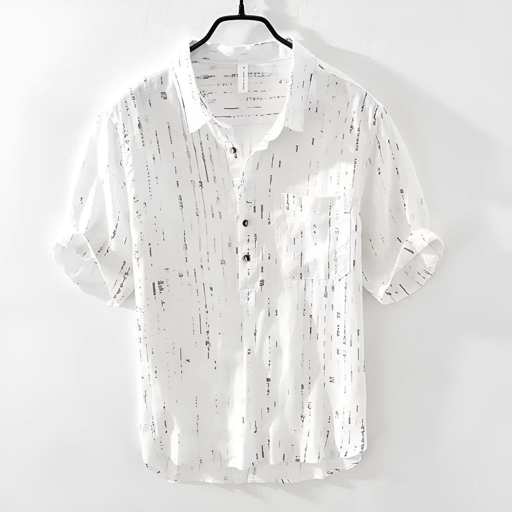 Men's black loose fit short-sleeved polo shirt showing cardigan style and thin fabric