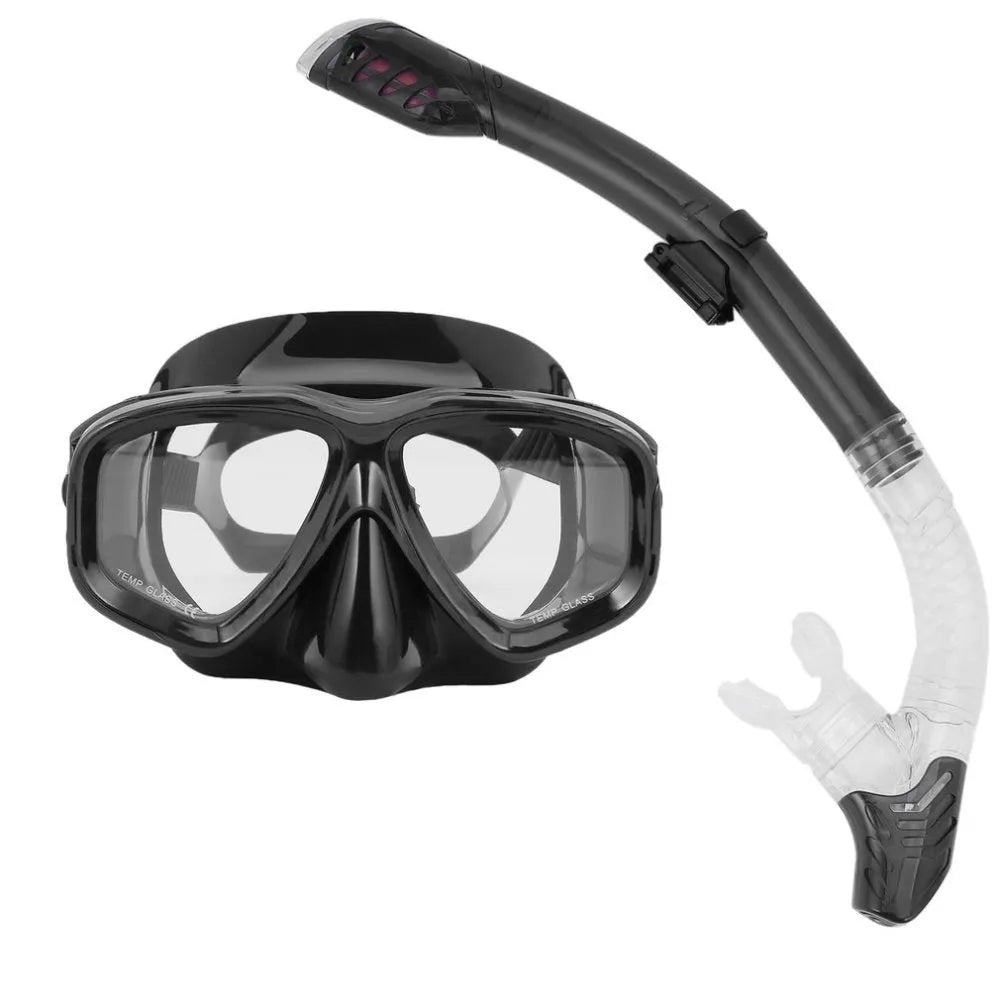 Set of anti-fog diving goggles with PC frame, silicone strap, and replaceable glass lens on a blue background.