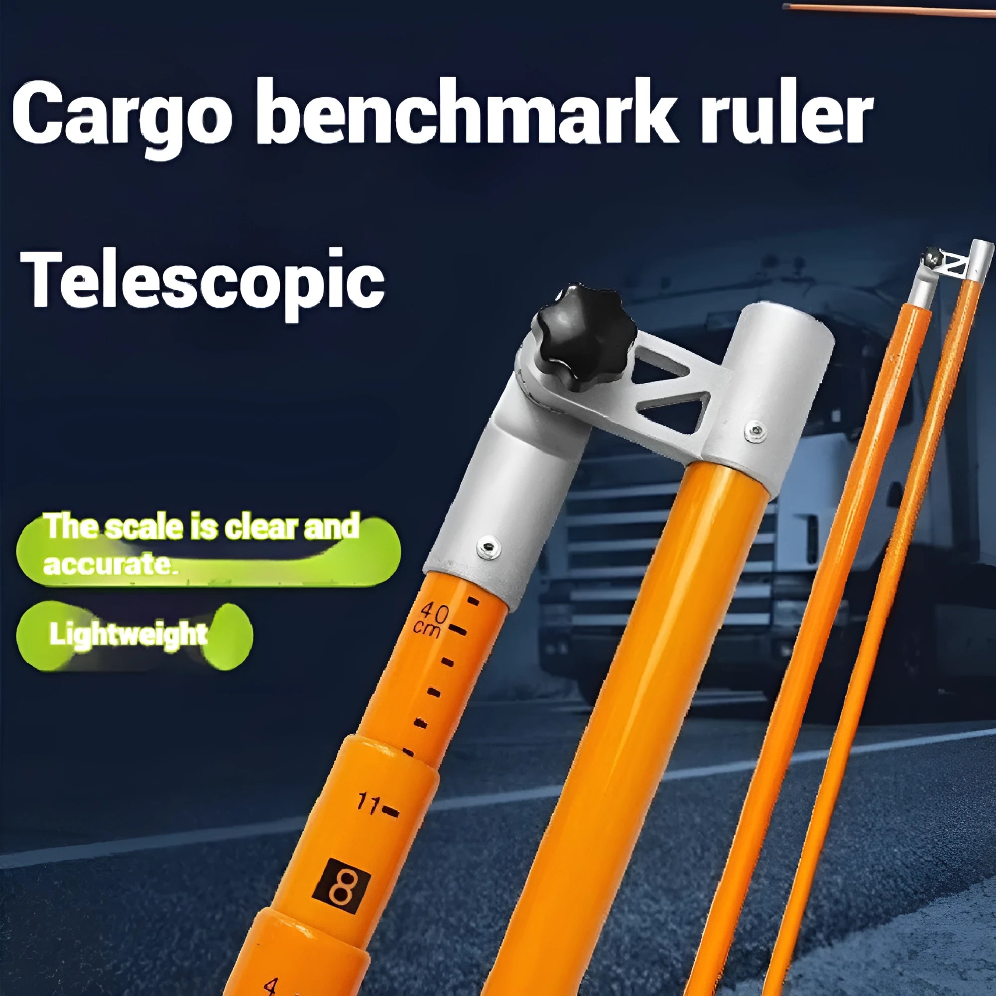 Telescopic cargo truck height measuring rod shown extended, with clear measurement scale visible.