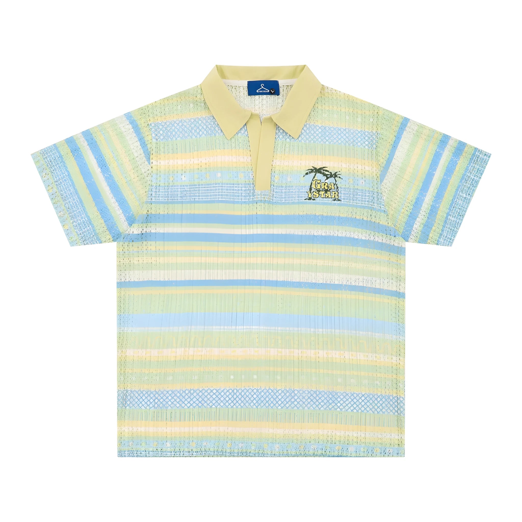 Men's blue printed short sleeve casual shirt with loose fit on mannequin