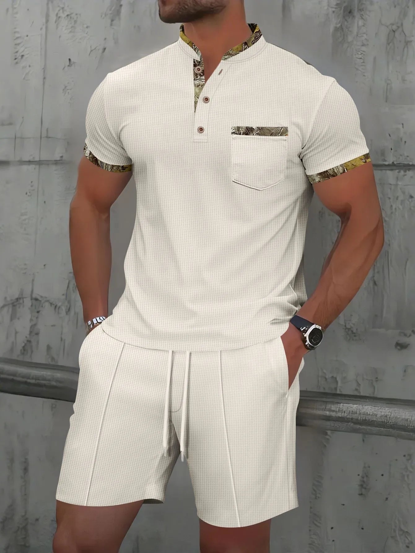 Men's grey waffle texture zipper polo collar short sleeve top with matching shorts sports set