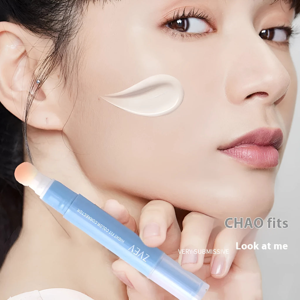 Concealer pen with sponge brush head for clothing stain correction in three colour-correcting shades