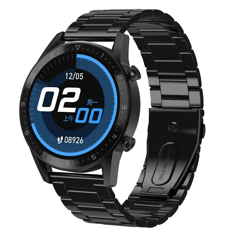 Multifunctional sports watch with black genuine leather strap and 1.3 inch touchscreen displaying step count