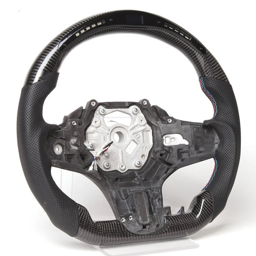 Black carbon fibre BMW sports steering wheel with LED display for X3 X5 models.