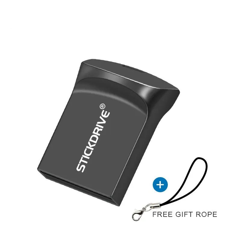 Metal USB flash drive on a silver chain necklace, showing black casing with options for lanyard or different chain attachments.