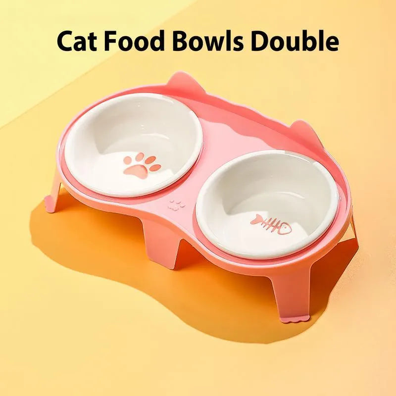 Ceramic cat bowl set with elevated tilted design on ABS stand, blue colour option