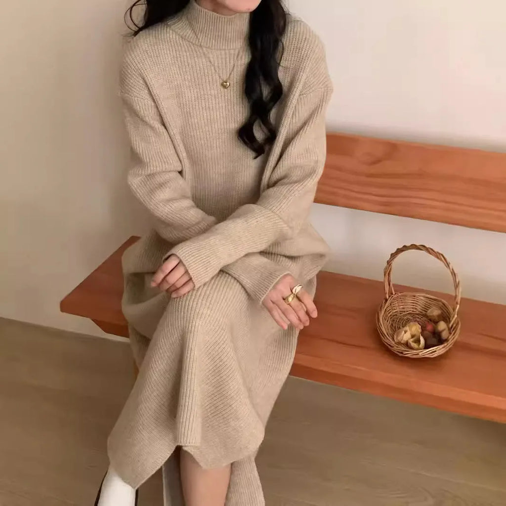 Women's beige half turtleneck knitted dress with long sleeves and high waist