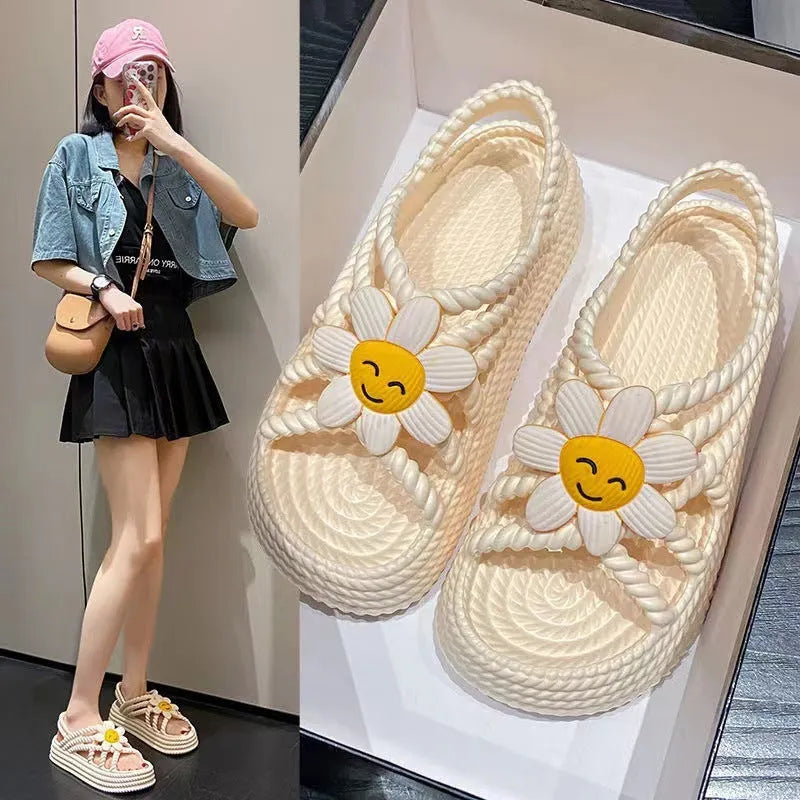 Women's beige PVC sandals with sunflower decoration and non-slip soles