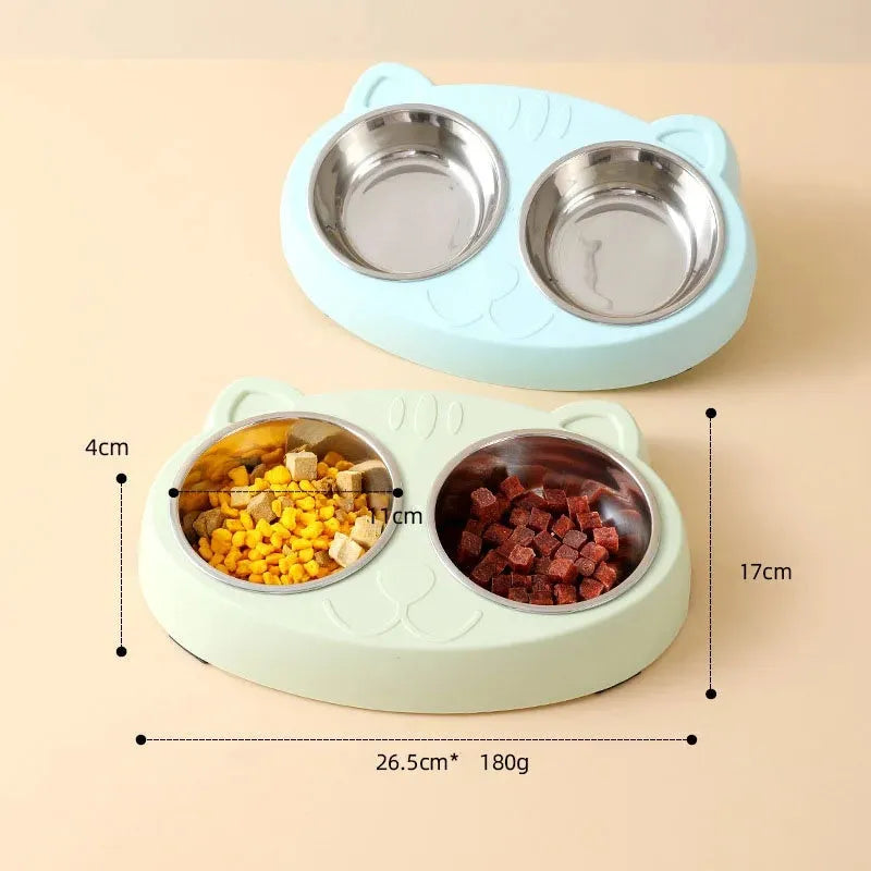 Blue macaron-shaped plastic pet feeding tray with two bowls for cat or dog food and water.