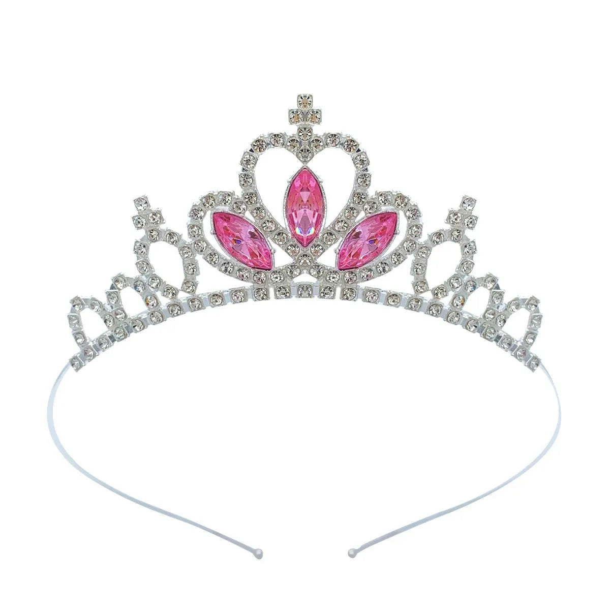Girl's electroplated alloy princess crown headdress in gold and silver colour variations with gemstone-effect finishes.