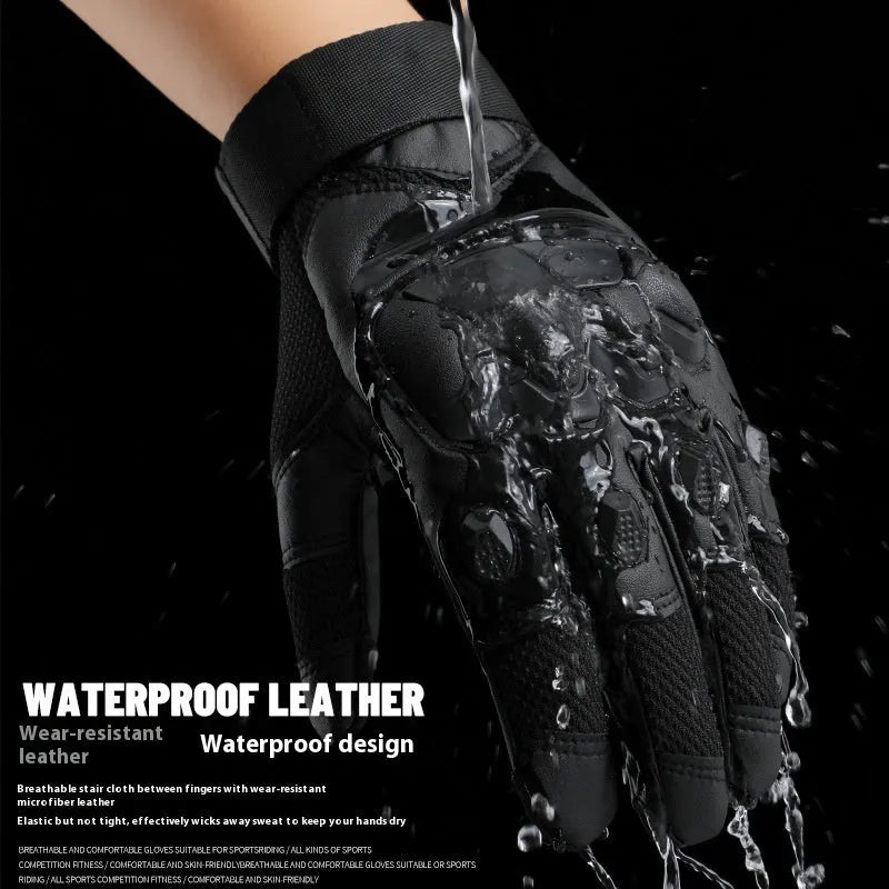Men's black full-finger tactical gloves with touchscreen fingertips on a hand, showing sizes M L XL.