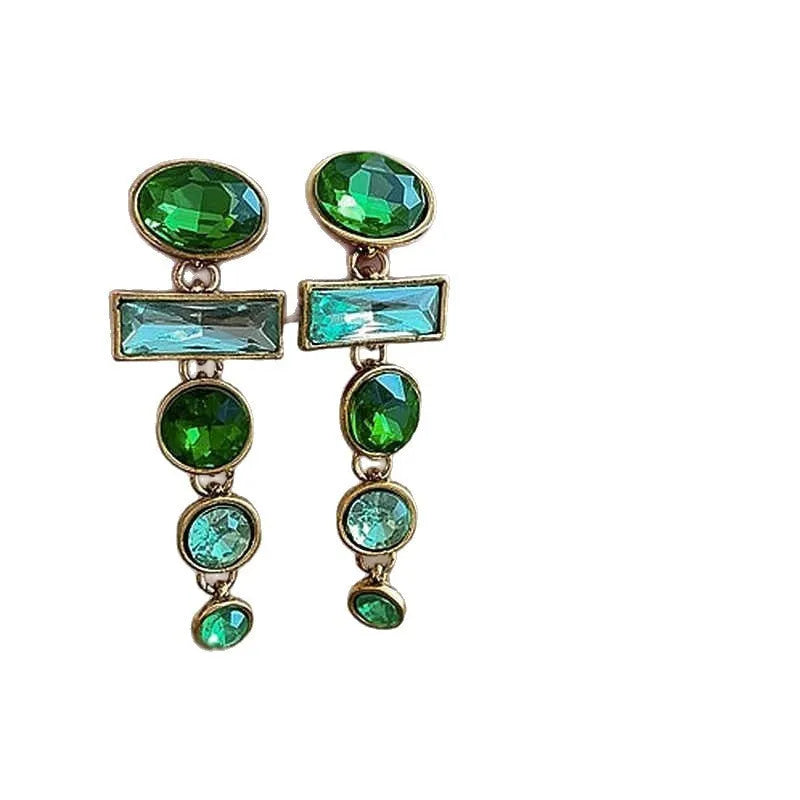 A pair of green gradient geometric drop earrings with alloy construction and inlaid zircon stones.