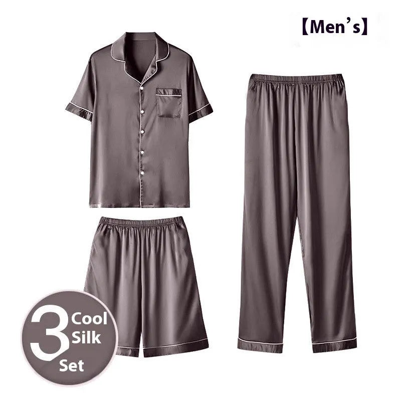 Men's ice silk three-piece homewear set in a choice of colours, showing top, shorts, and trousers.