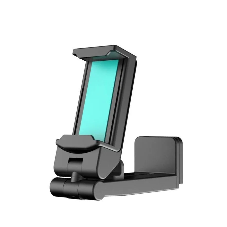 Foldable rotating universal phone holder in black, shown in an open position holding a mobile phone.