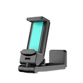 Foldable rotating universal phone holder in black, shown in an open position holding a mobile phone.