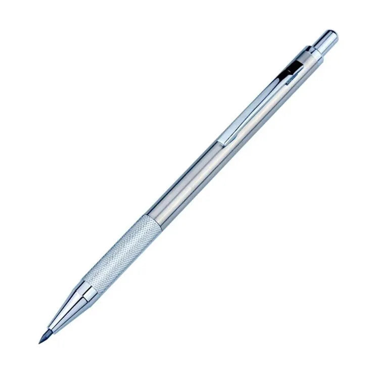 Metal automatic mechanical pencil showing barrel detail and lead size options from 0.5mm to 2.0mm