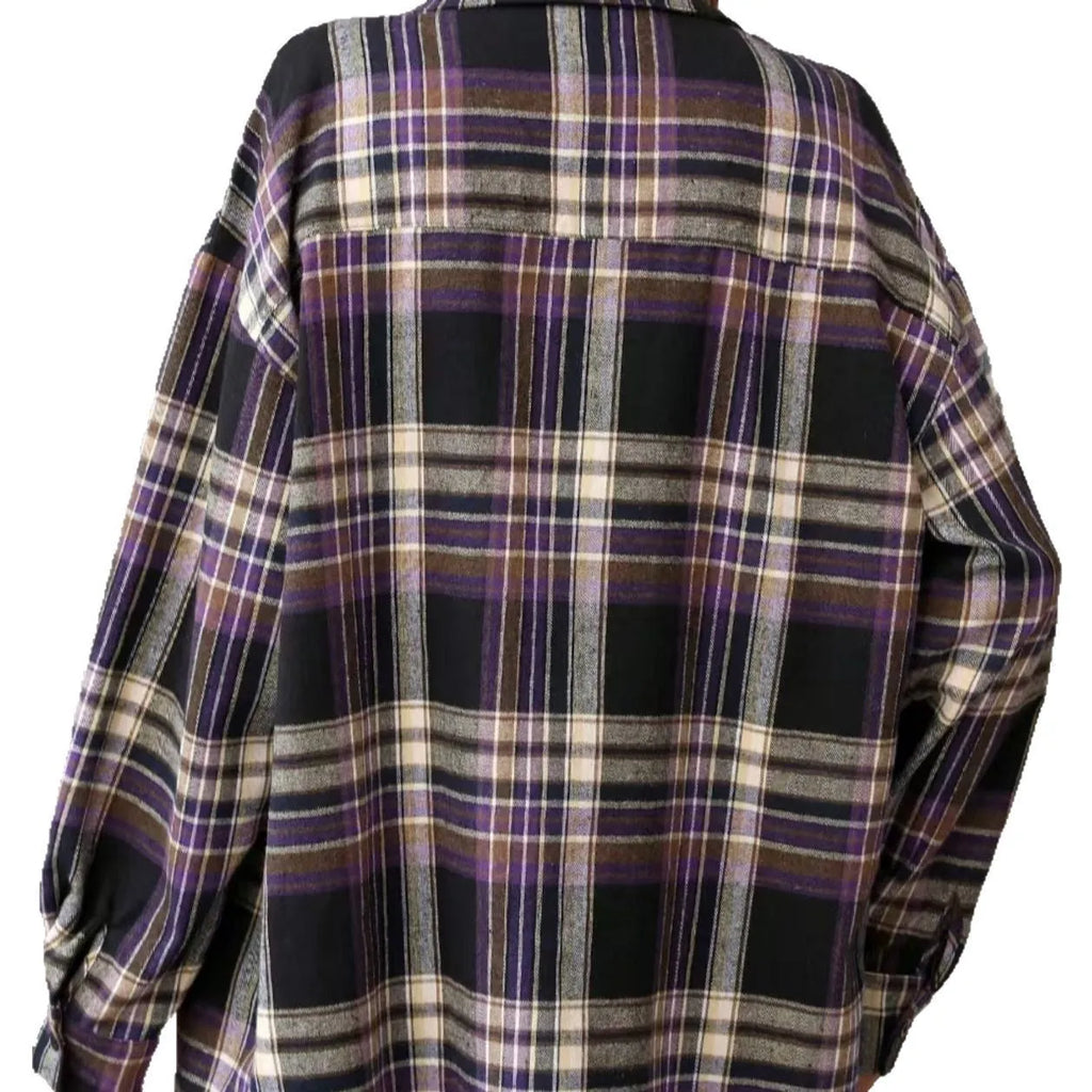 Women's loose retro plaid shirt in 100% cotton available in black, green, and purple colours