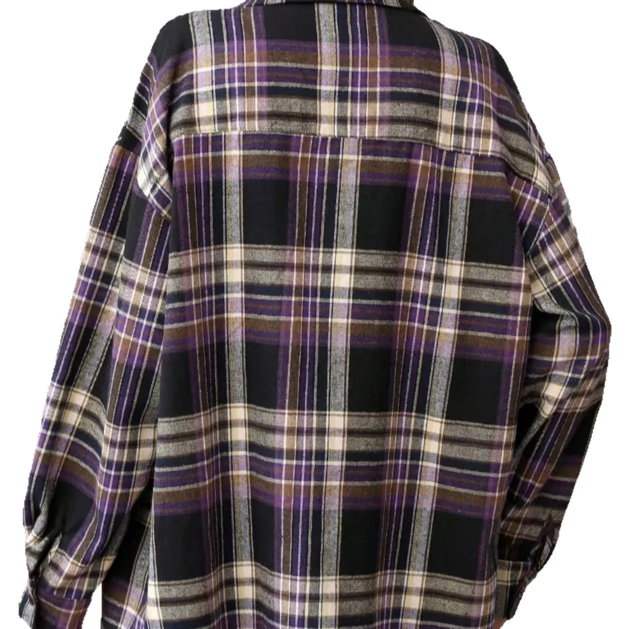 Women's loose retro plaid shirt in 100% cotton available in black, green, and purple colours