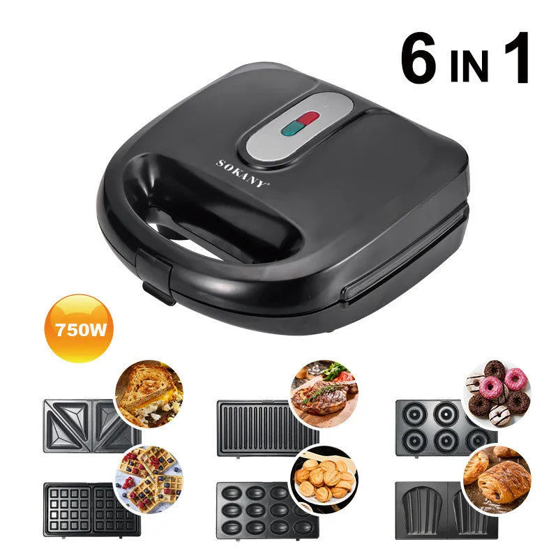 Black electric sandwich pan with double-sided heating, brushed stainless steel top, and non-stick baking surface