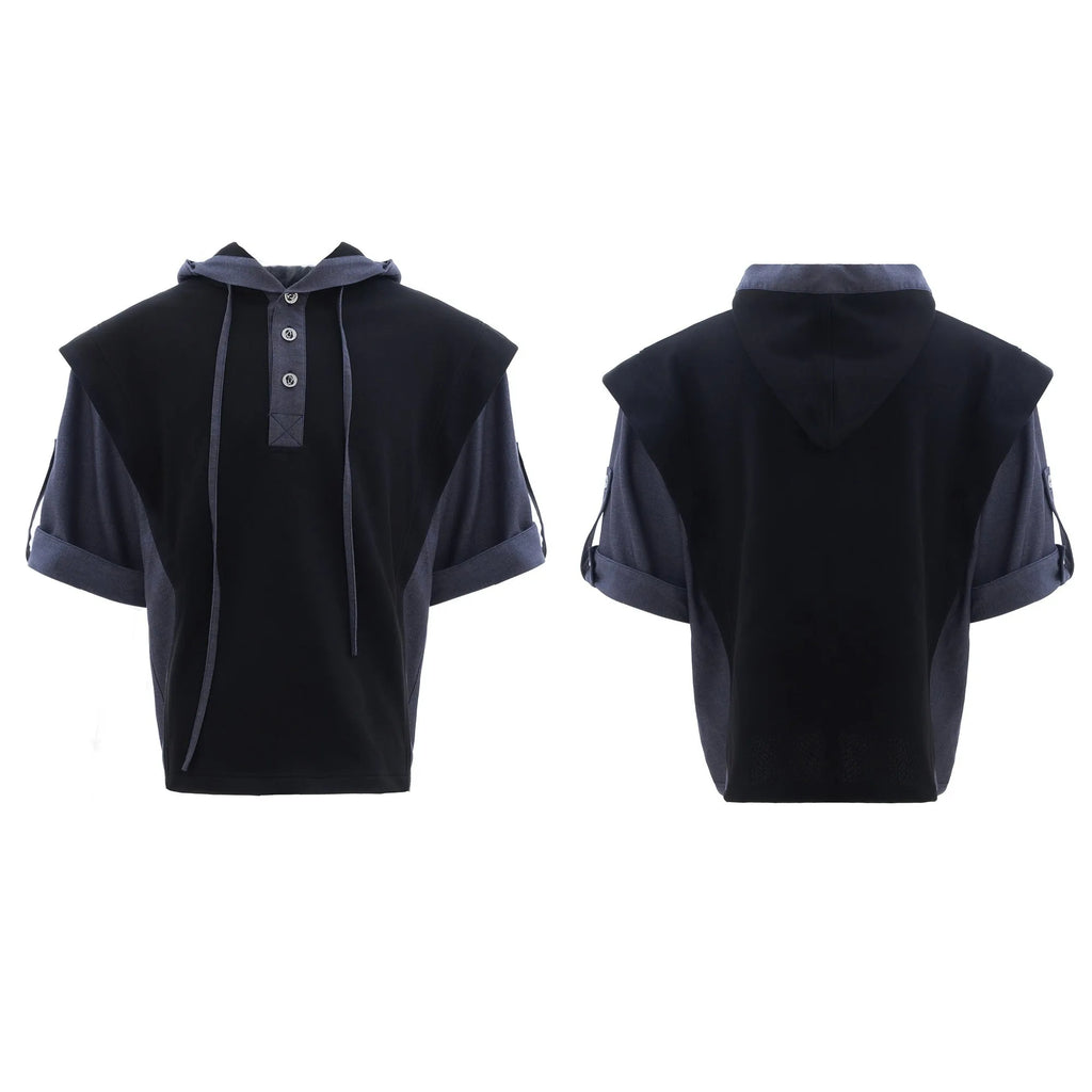 Men's black hooded short sleeve sportswear set with three-dimensional stitching on jacket and trousers