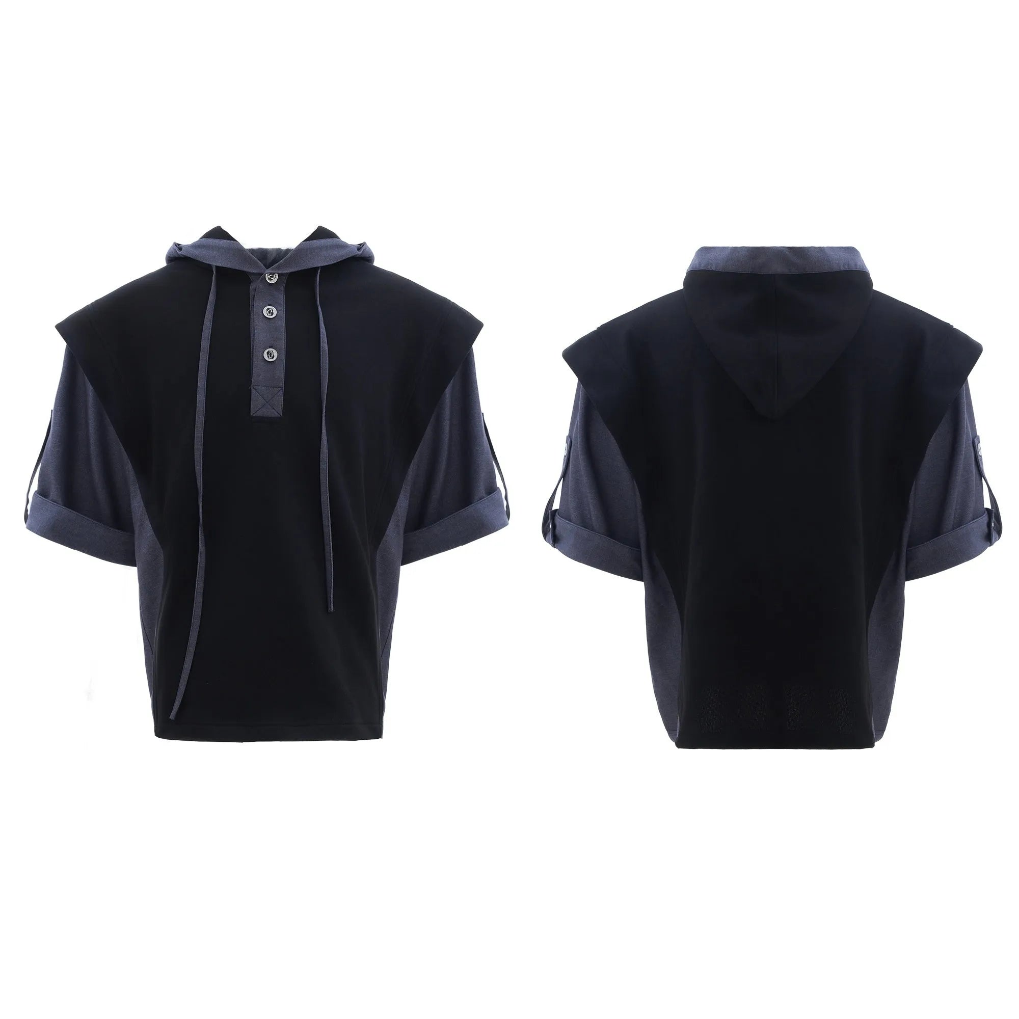 Men's black hooded short sleeve sportswear set with three-dimensional stitching on jacket and trousers