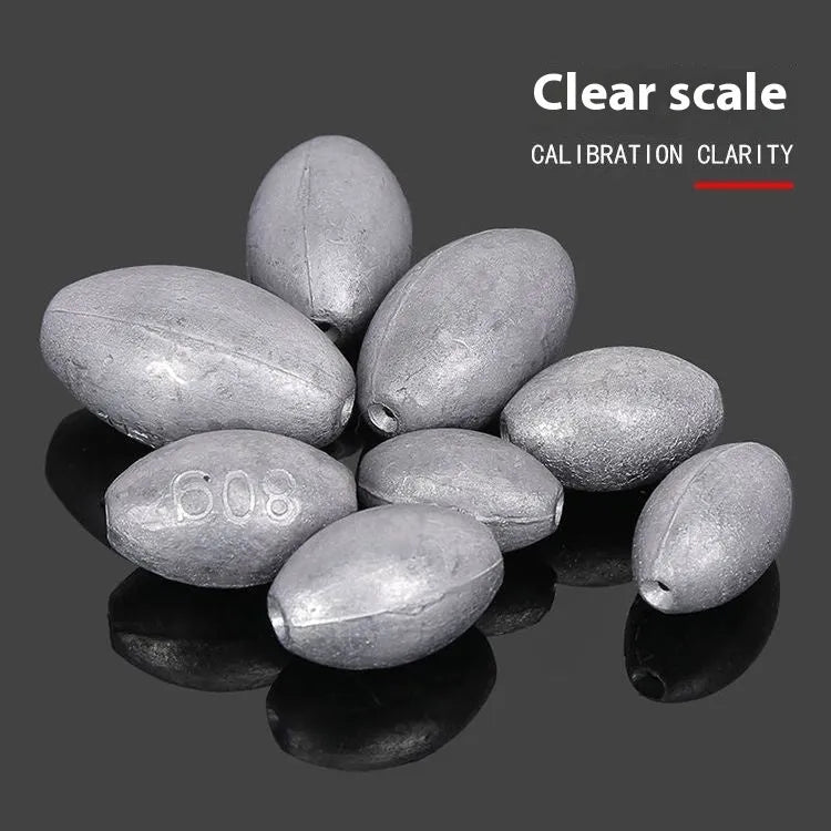 Olive lead sea fishing sinker with plastic core and scale texture, shown with weight options from 10 to 150 grams.