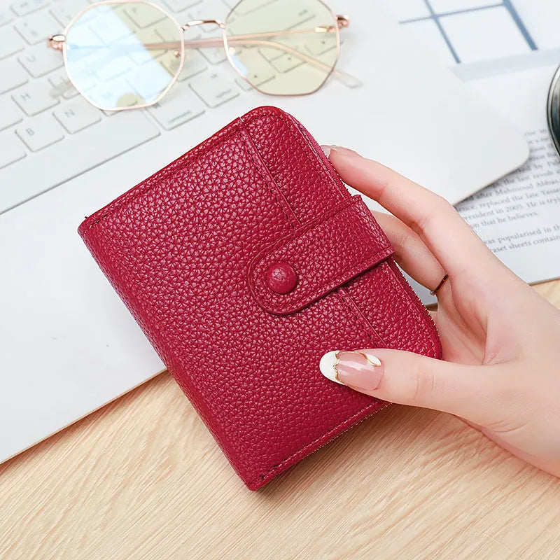 Ladies' short wallet with lychee pattern in beige, pink, black, and red colour options