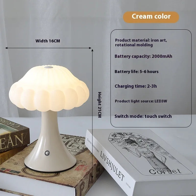 Mushroom-shaped USB rechargeable night lamp with touch control in wood grain finish