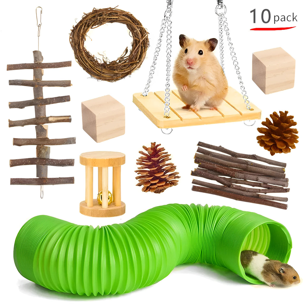 Natural wooden chewing toy set for small animals including straw mats, woven balls and plant-based components