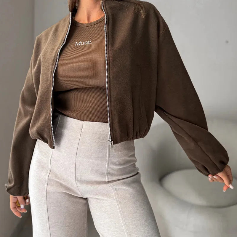 Women's off-shoulder casual coat with lantern sleeves in brown colour, loose Japanese Korean style
