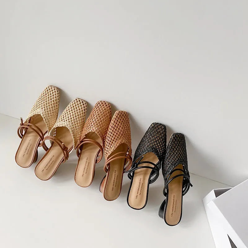 Women's French style square toe slippers with chunky heel in black, white and brown colour options