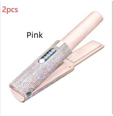 2-in-1 electric USB hair straightening brush with ceramic coating in green