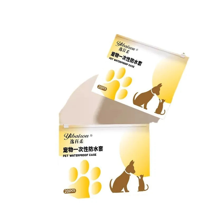 White disposable waterproof shoe covers for small and medium dogs on a non-slip surface.