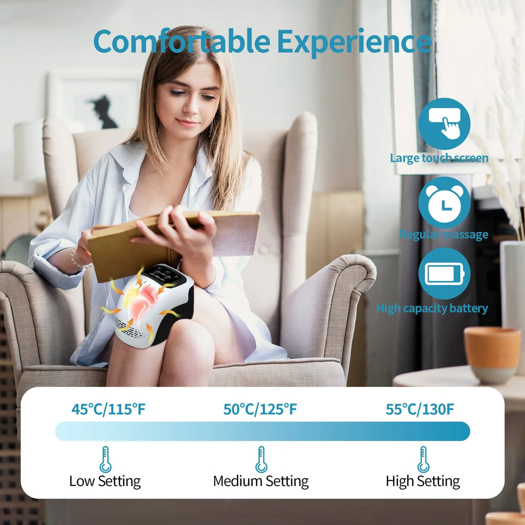 Electric knee massager with heating and vibration functions in white and wood colour options