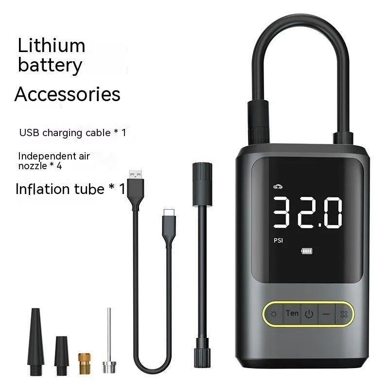 Handheld wireless digital air pump with LED display on black ABS body, showing pressure readout