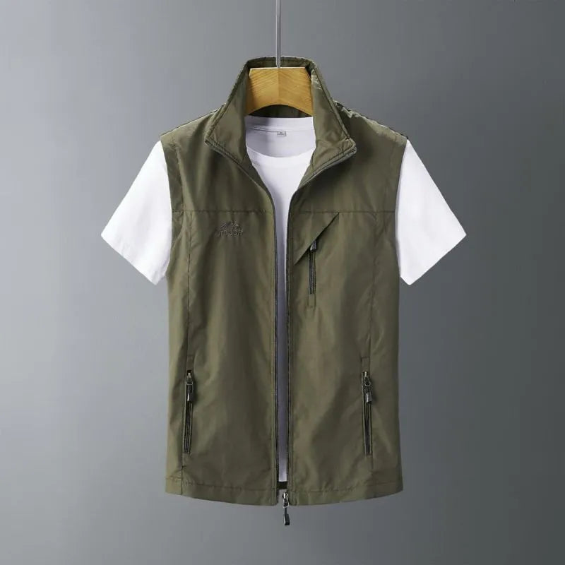 Men's hooded rabbit fur vest waistcoat coat in slim fit shown in army green colour.