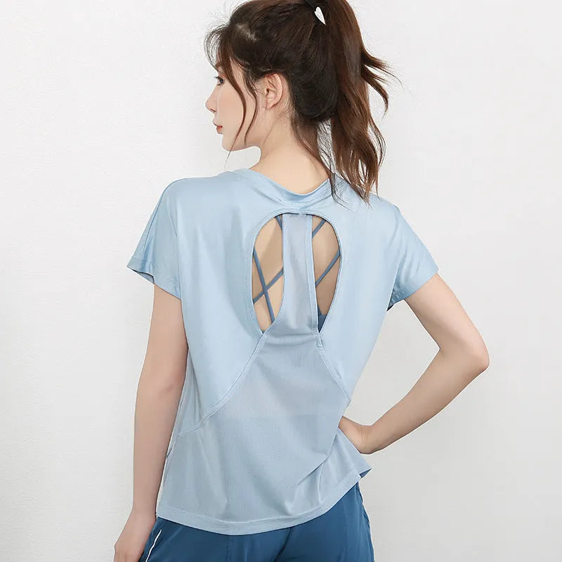 Women's lightweight polyester short sleeve sports T-shirt for fitness in grey green.