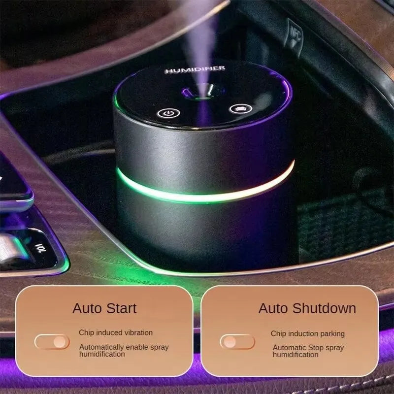 Black aluminium alloy car air humidifier with 260ml capacity and USB cable shown next to scale