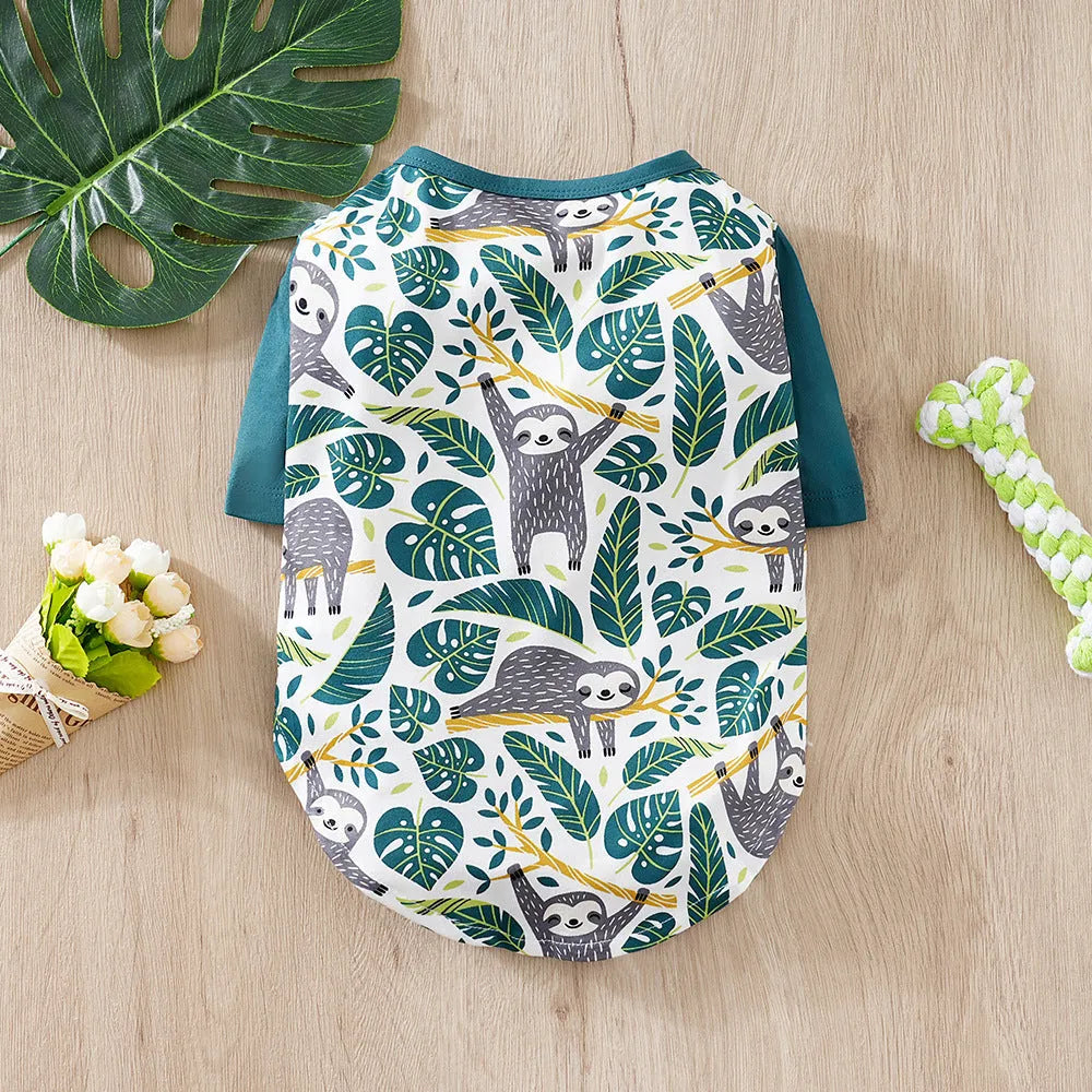 Small dog wearing a printed casual polyester T-shirt, showing the full-print design and fit.