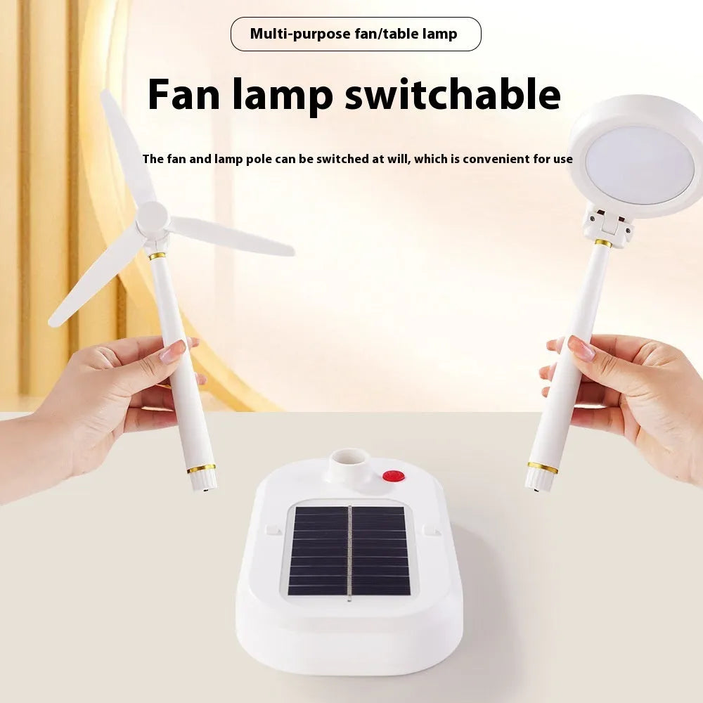 Ivory white solar-powered table fan with integrated LED study lamp on a desk