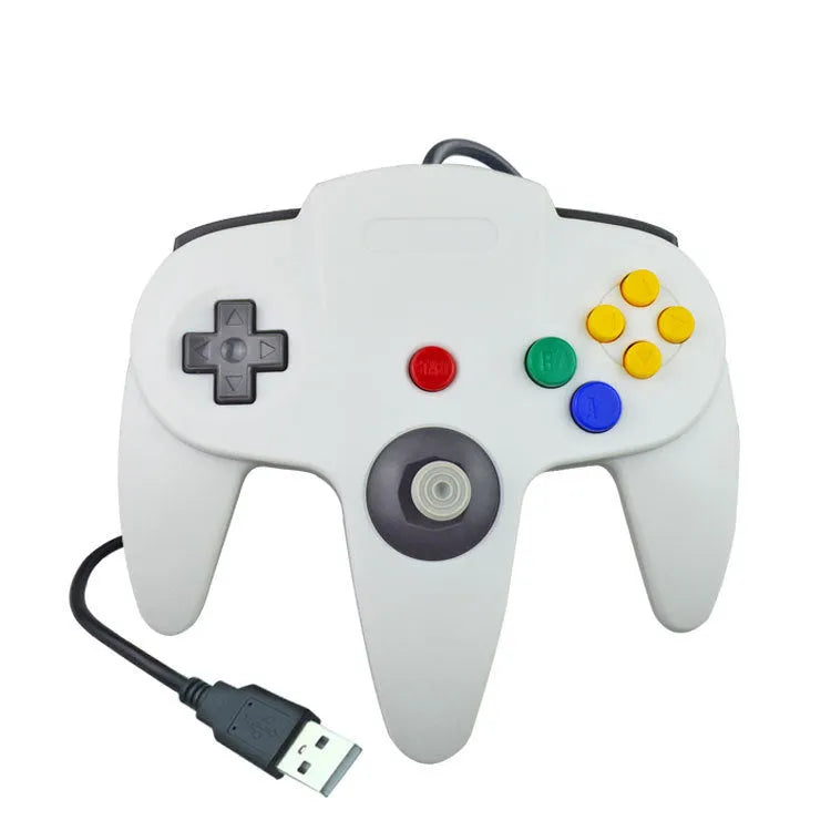 Blue USB N64 game controller for PC computers on a grey background.