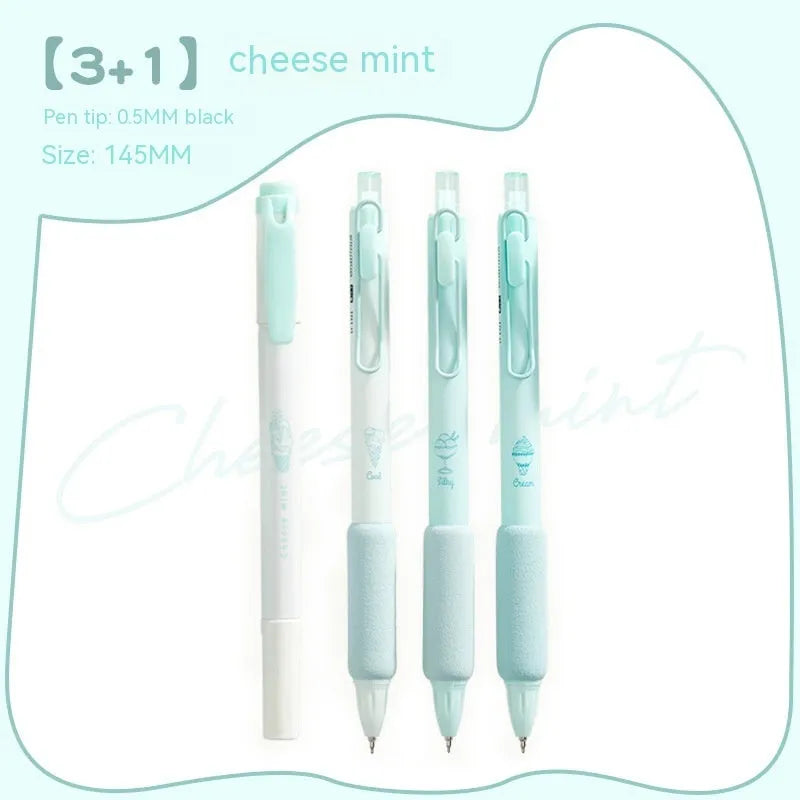 Four double-headed calligraphy pens with sponge press tips and fluorescent ends for student handwriting practice