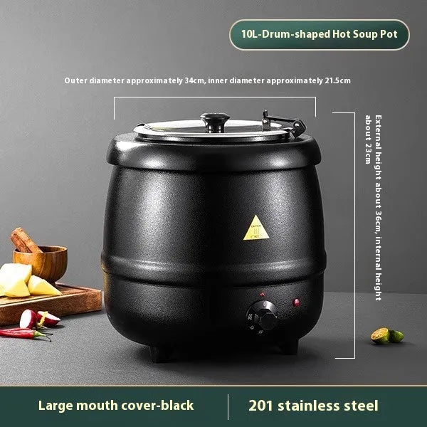 Black stainless steel electric insulation pot with steel cover, 10L capacity for soups and porridge.