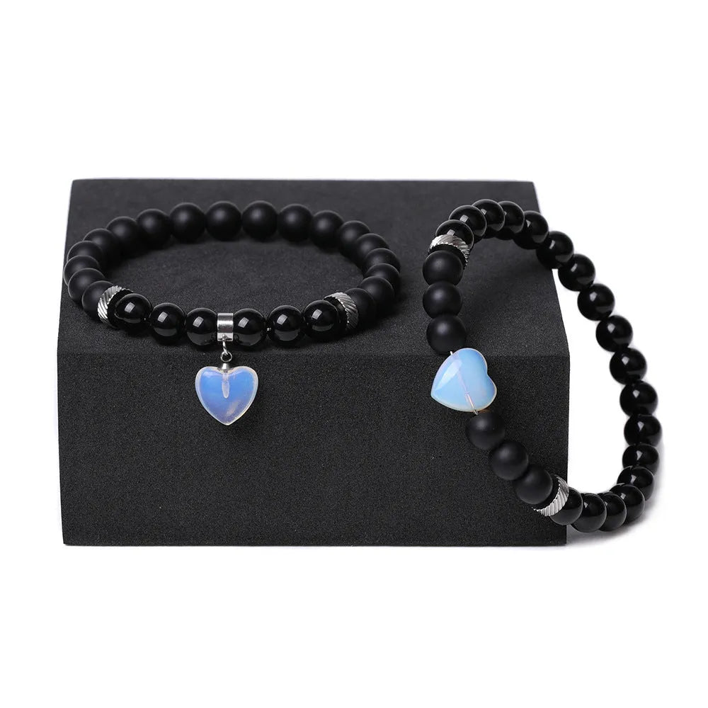 Natural stone couple matching bracelets with geometric heart design in eight colour variations